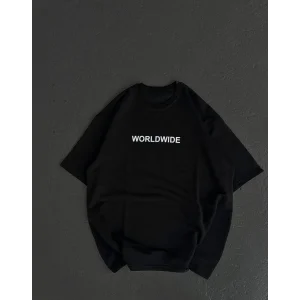 kadın Bisiklet Yaka Baskılı Oversize T-Shirt - Siyah