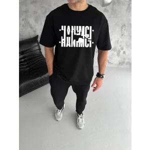 ERKEK Bisiklet Yaka Katlanan Hanımcı Baskılı T-Shirt - Siyah