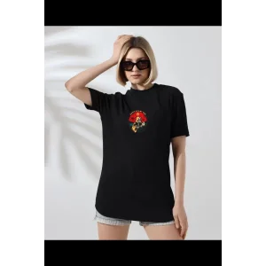 Kadın Bisiklet Yaka Baskılı T-Shirt - Siyah