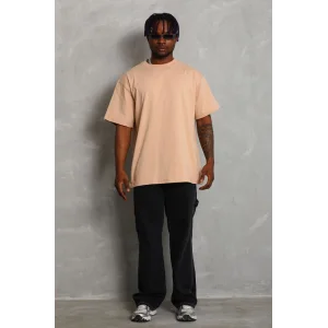 ERKEK Oversize Düz Bisiklet Yaka T-Shirt - Bej