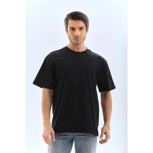 ERKEK Oversize Düz Bisiklet Yaka T-Shirt - Siyah