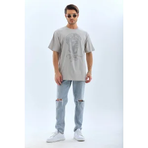 ERKEK Oversize Taşlı Bisiklet Yaka T-Shirt - Gri