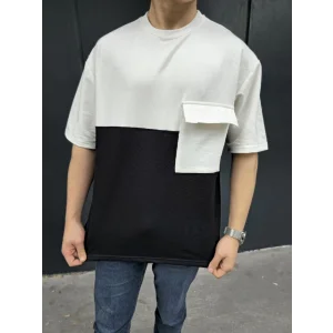 Unisex Torba Cep Detaylı Parçalı T-Shirt - Siyah