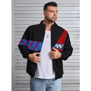 ERKEK Uzun Koll Fermuarlı Baskılı Rüzgarlik - Siyah