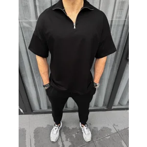 Unisex Yarım Fermuarlı Basic T-Shirt - Siyah