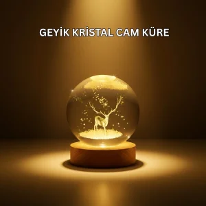 USB Bağlantılı Geyik Temalı Kristal Küre Premium Masa Gece Lambası