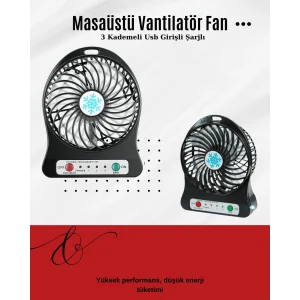 USB Girişli Taşınabilir Masaüstü Mini Fan – 3 Kademeli Hız, Şarjlı, Işıklı, Sessiz Çalışma