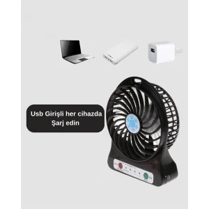USB Girişli Taşınabilir Masaüstü Mini Fan – 3 Kademeli Hız, Şarjlı, Işıklı, Sessiz Çalışma