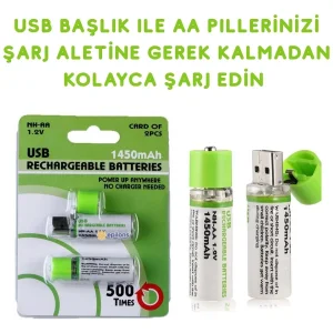 Usb ile Şarj Olabilen 2 li 1450 mah Lityum Şarjlı Kalem Pil