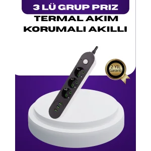 USB Yuvalı Anahtarlı Üçlü Priz 2 Metre Kablolu