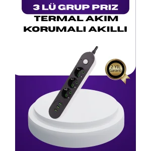 USB Yuvalı Anahtarlı Üçlü Priz 2 Metre Kablolu