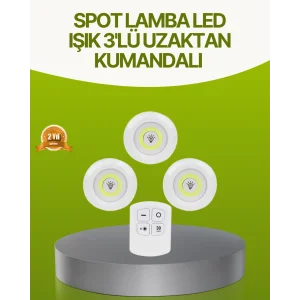 Uzaktan Kumandalı 3 Lü Kablosuz Led Spot Lamba Seti Yapışkanlı Pratik Kullanım