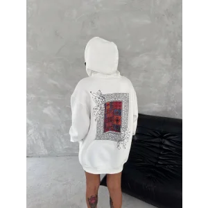 Uzun Kol Kapüşonlu Ön Ve Arka Baskılı SweatShirt - Beyaz