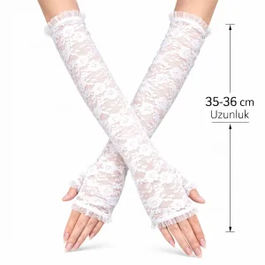 Uzun Zarif Dantel Eldiven Parmaksız Beyaz 35 cm