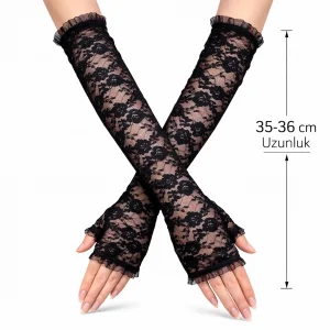 Uzun Zarif Dantel Eldiven Parmaksız Siyah