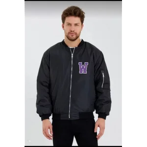 Wild One Baskılı Erkek Bomber Mont – Panter Desenli, Fermuarlı, Kapitone Astarlı Ceket - Siyah