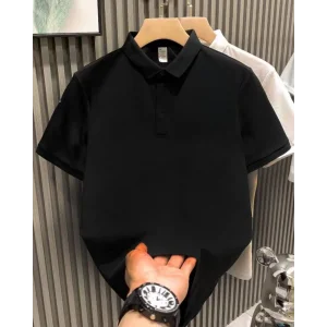 ERKEK Yakası Düğmeli Yakalı Pike Düz T-Shirt - Siyah