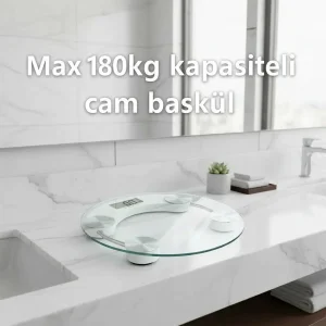 Yuvarlak Şeffaf Dijital Cam Baskül Tartı – 180 Kg Taşıma Kapasitesi, Hassas Ölçüm, Şık Tasarım Terazi