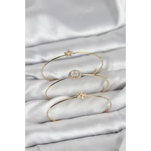 Zirkon Taşlı Gold Renk Tek Taş Model 3lü Kadın Bileklik Kombini