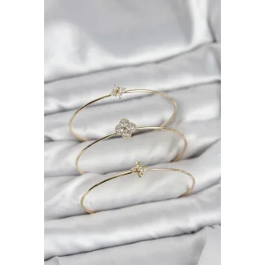 Zirkon Taşlı Gold Renk Yonca Tasarım 3lü Kadın Bileklik Kombini