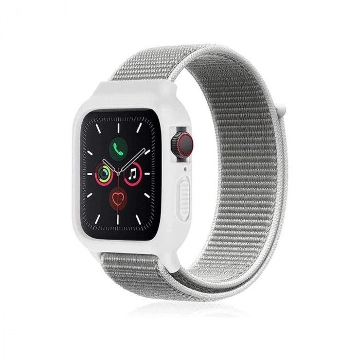 Apple Watch 38mm Hasırlı Cırtcırtlı Kasalı Kordon - Beyaz