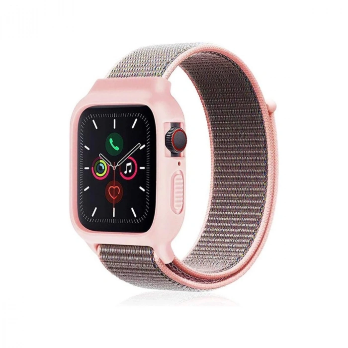Apple Watch 38mm Hasırlı Cırtcırtlı Kasalı Kordon - Pembe