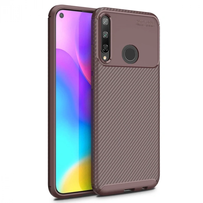 Huawei P40 Lite E Kılıf Auto Focus Karbon Kapak - Kahverengi