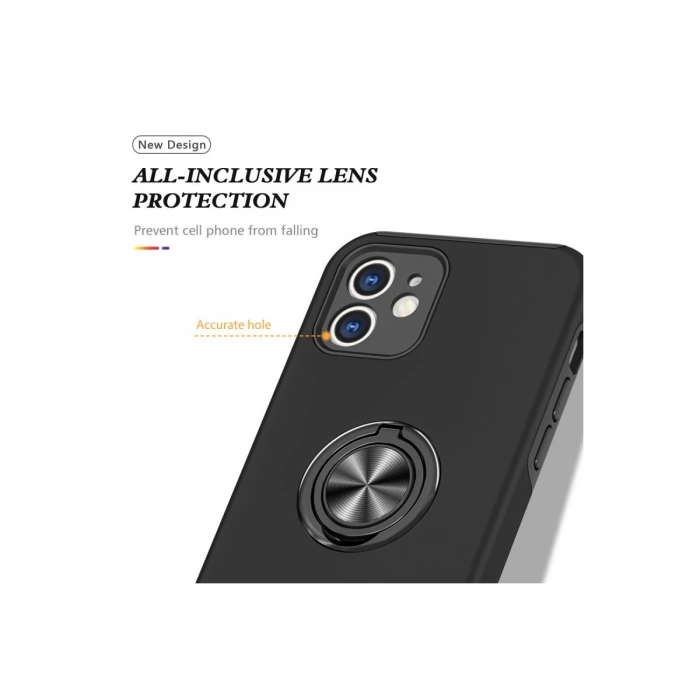 İphone 12 Kılıf Elit Yüzüklü Kapak - Siyah