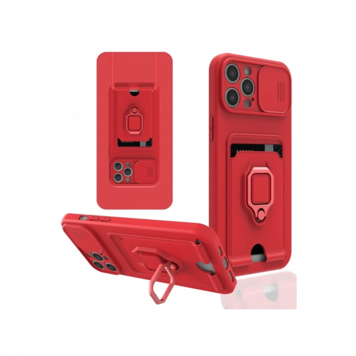 İphone 12 Pro Kılıf Zuma Kartvizitli Yüzüklü Silikon - Kırmızı