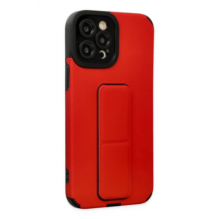İphone 12 Pro Max Kılıf Mega Standlı Silikon - Kırmızı