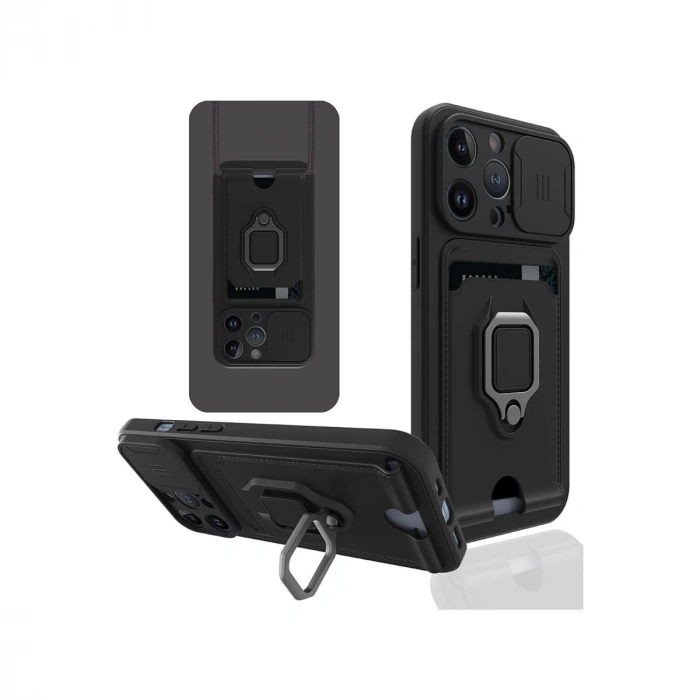 İphone 13 Pro Max Kılıf Zuma Kartvizitli Yüzüklü Silikon - Siyah