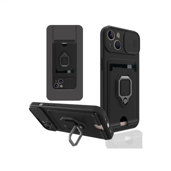 İphone 14 Kılıf Zuma Kartvizitli Yüzüklü Silikon - Siyah