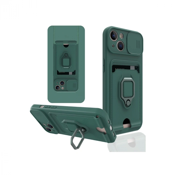 İphone 14 Kılıf Zuma Kartvizitli Yüzüklü Silikon - Yeşil