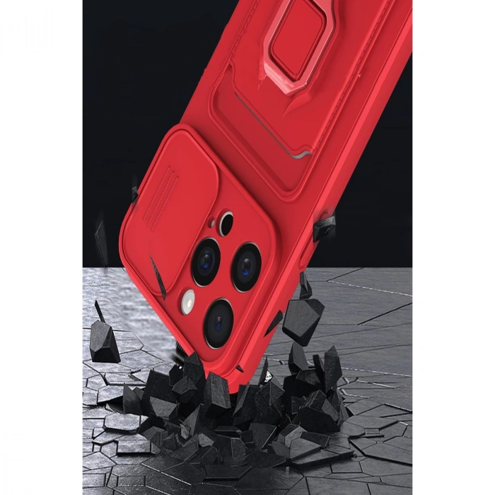 İphone 15 Pro Max Kılıf Zuma Kartvizitli Yüzüklü Silikon - Kırmızı