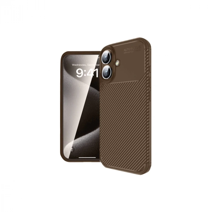 İphone 16 Kılıf Auto Focus Karbon Kapak - Kahverengi