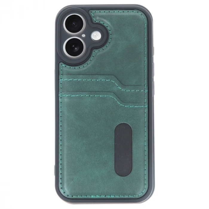 İphone 16 Kılıf Sara Kartvizitli Deri Kılıf - Koyu Yeşil
