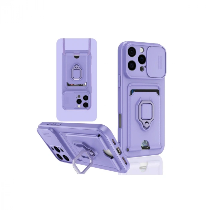 İphone 16 Pro Kılıf Zuma Kartvizitli Yüzüklü Silikon - Lila