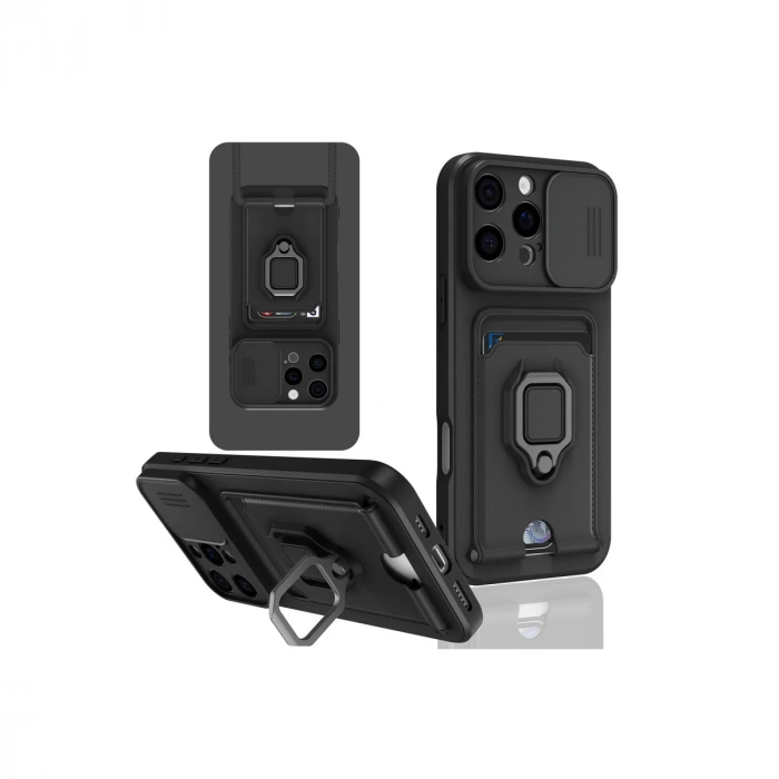 İphone 16 Pro Kılıf Zuma Kartvizitli Yüzüklü Silikon - Siyah