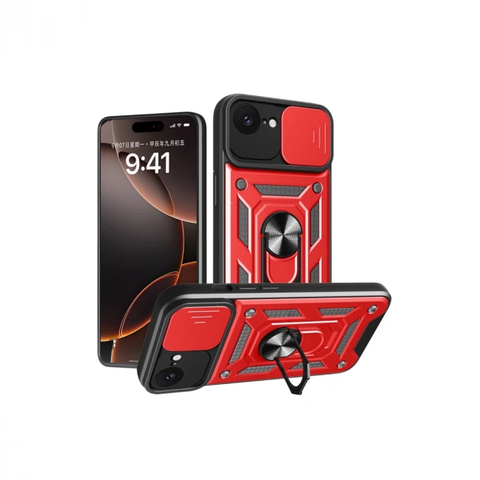 İphone 16e Kılıf Pars Lens Yüzüklü Silikon - Kırmızı