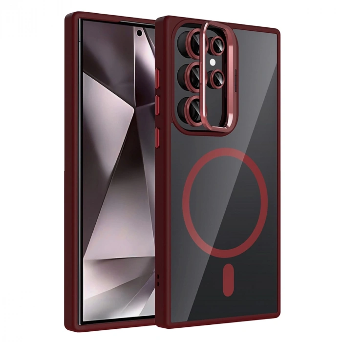 Joko Samsung Galaxy S23 Ultra Remim Lensli Magsafe Standlı Kapak - Bordo