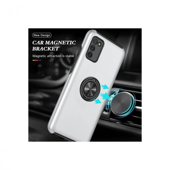 Samsung Galaxy A02s Kılıf Elit Yüzüklü Kapak - Gümüş