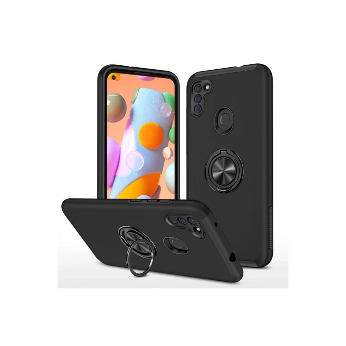 Samsung Galaxy A11 Kılıf Elit Yüzüklü Kapak - Siyah
