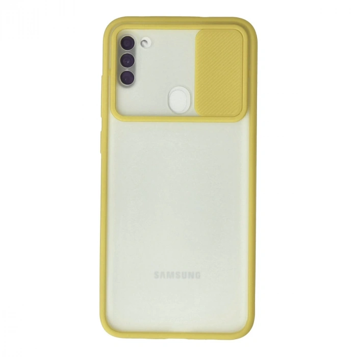 Samsung Galaxy A11 Kılıf Palm Buzlu Kamera Sürgülü Silikon - Sarı