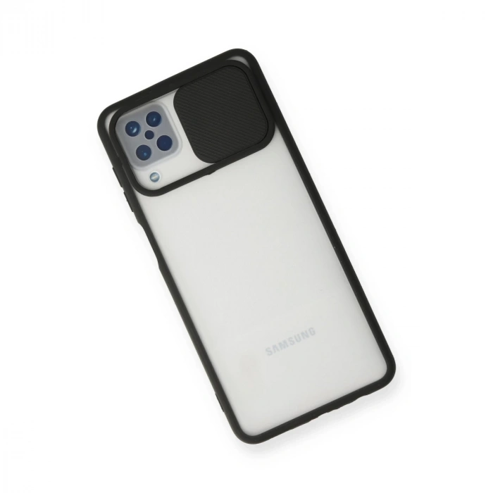 Samsung Galaxy A12 Kılıf Palm Buzlu Kamera Sürgülü Silikon - Siyah