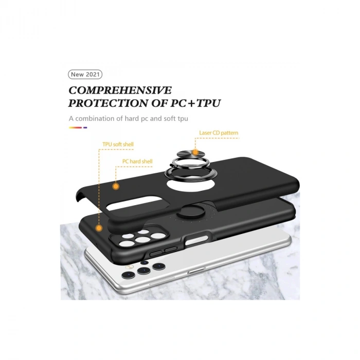 Samsung Galaxy A72 Kılıf Elit Yüzüklü Kapak - Siyah