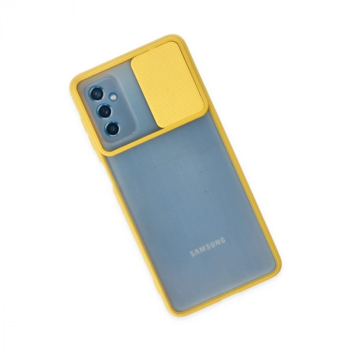 Samsung Galaxy M52 5g Kılıf Palm Buzlu Kamera Sürgülü Silikon - Sarı
