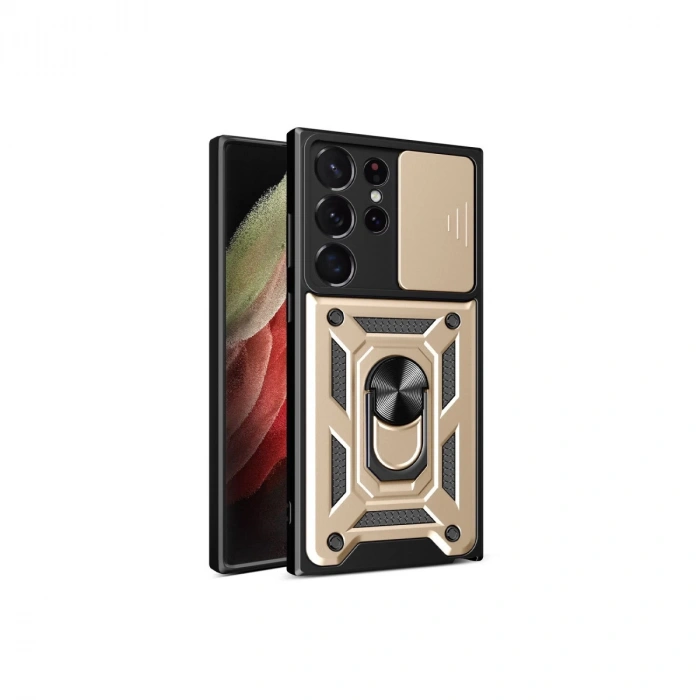 Samsung Galaxy S23 Ultra Kılıf Pars Lens Yüzüklü Silikon - Gold