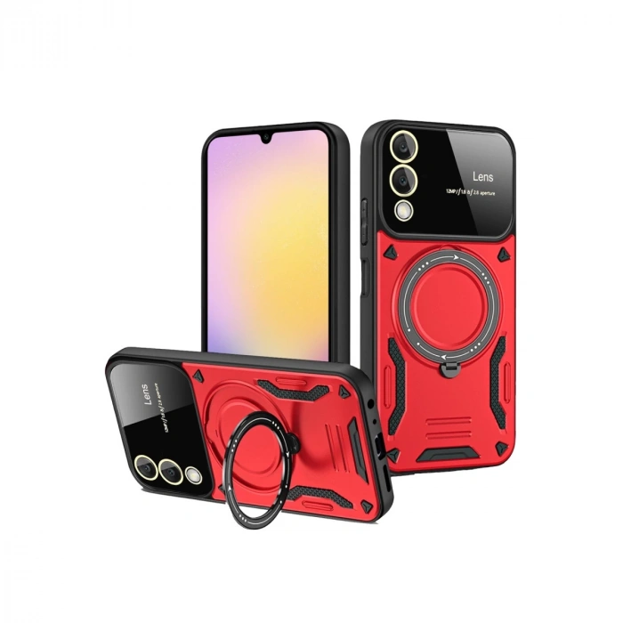 Samsung Galaxy S25 Edge Kılıf Joy Lens Standlı Kapak - Kırmızı