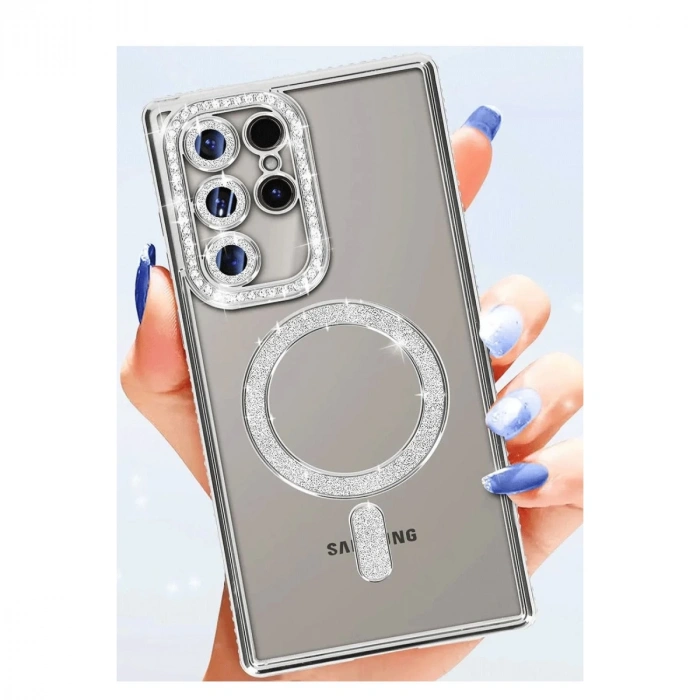 Samsung Galaxy S25 Ultra Kılıf Joke Simli Magneticsafe Kılıf - Gümüş