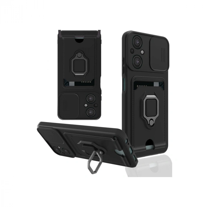 Xiaomi Poco M5 Kılıf Zuma Kartvizitli Yüzüklü Silikon - Siyah